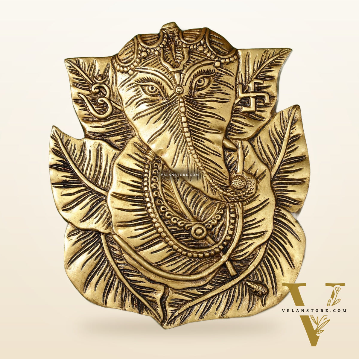 Brass Ganapathi on Peepal Leaf Wall Hanging - 8.5 inches