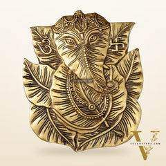 Brass Ganapathi on Peepal Leaf Wall Hanging - 8.5 inches