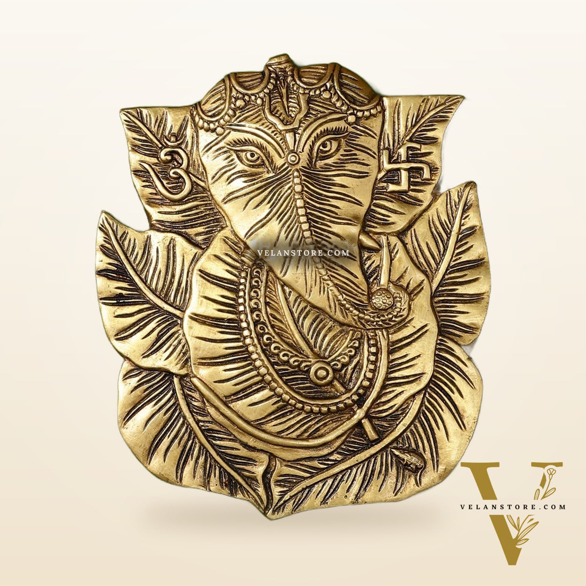 Brass Ganapathi on Peepal Leaf Wall Hanging - 8.5 inches