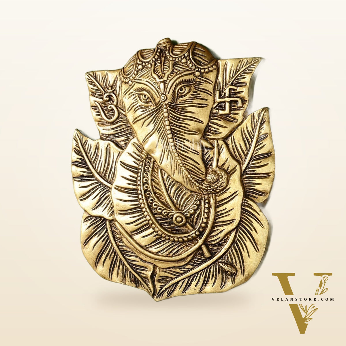Brass Ganapathi on Peepal Leaf Wall Hanging - 8.5 inches
