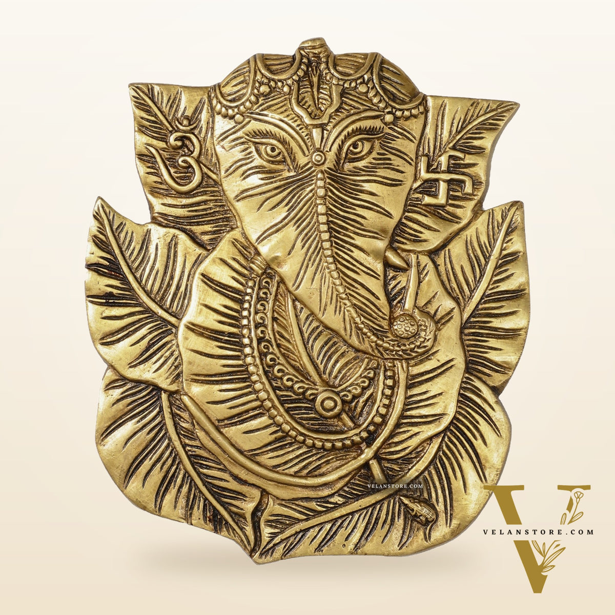 Brass Ganapathi on Peepal Leaf Wall Hanging - 8.5 inches