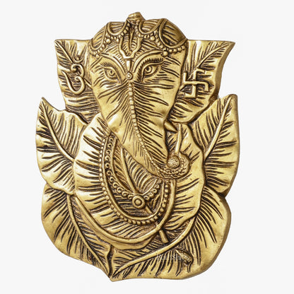 Brass Ganapathi on Peepal Leaf Wall Hanging - 8.5 inches