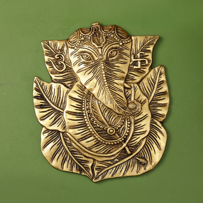 Brass Ganapathi on Peepal Leaf Wall Hanging - 8.5 inches