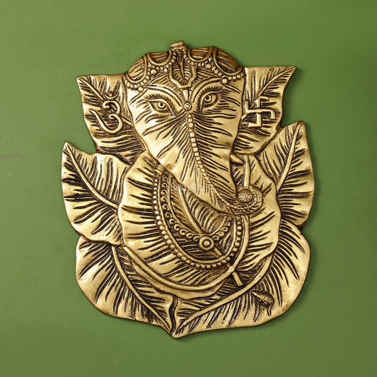 Brass Ganapathi on Peepal Leaf Wall Hanging - 8.5 inches