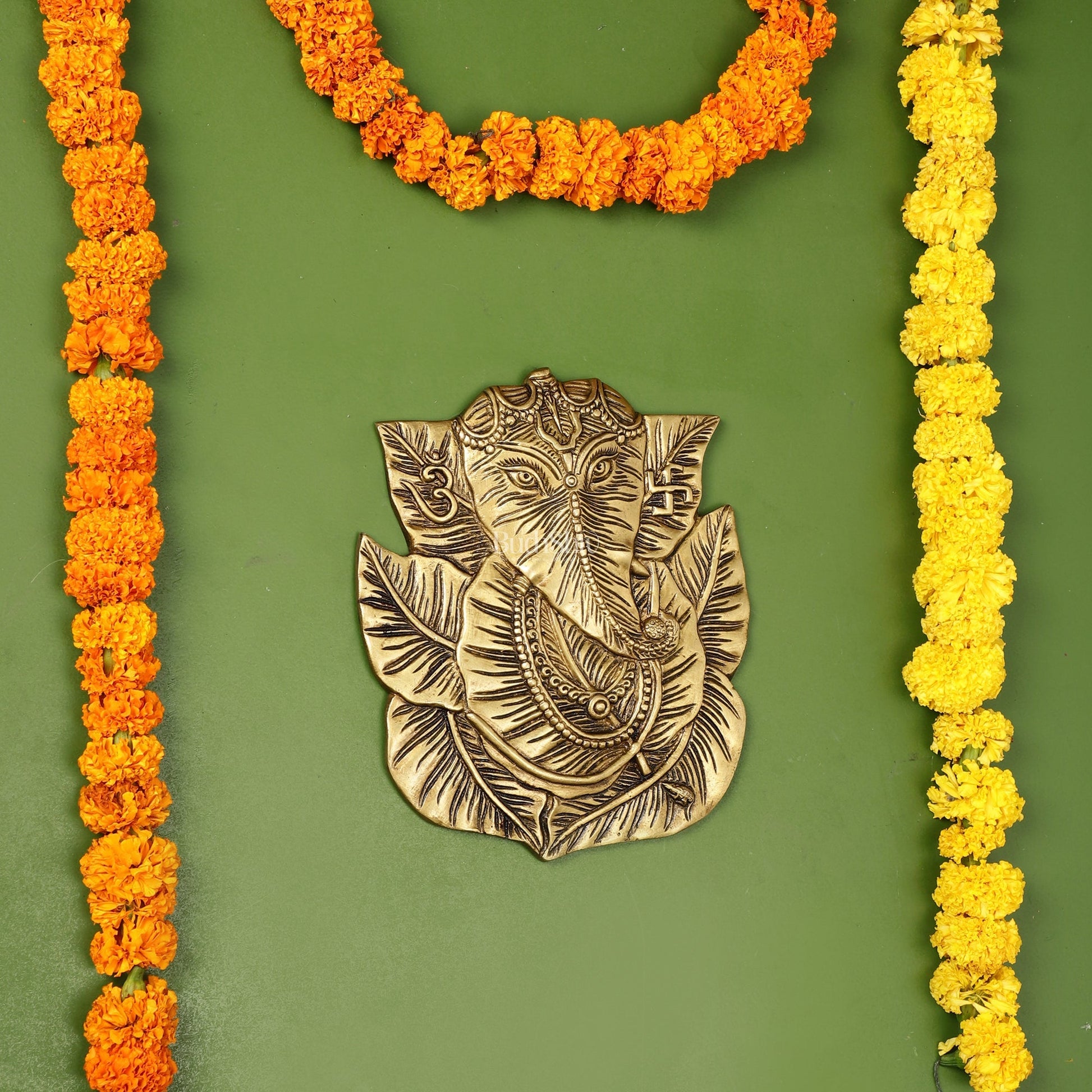 Brass Ganapathi on Peepal Leaf Wall Hanging - 8.5 inches