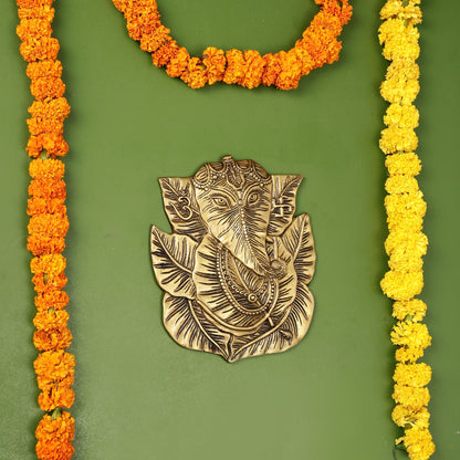 Brass Ganapathi on Peepal Leaf Wall Hanging - 8.5 inches