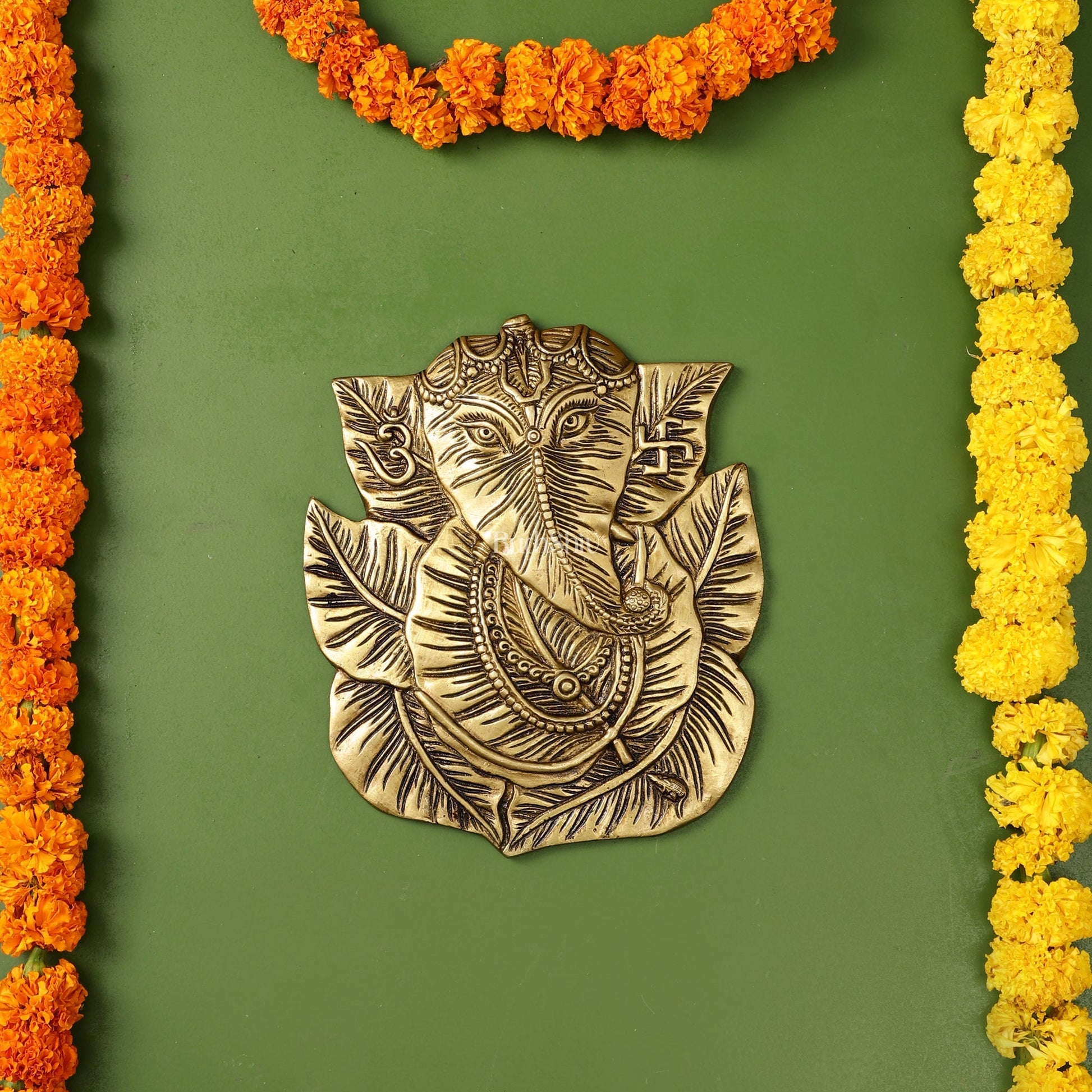 Brass Ganapathi on Peepal Leaf Wall Hanging - 8.5 inches