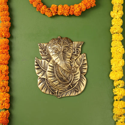 Brass Ganapathi on Peepal Leaf Wall Hanging - 8.5 inches