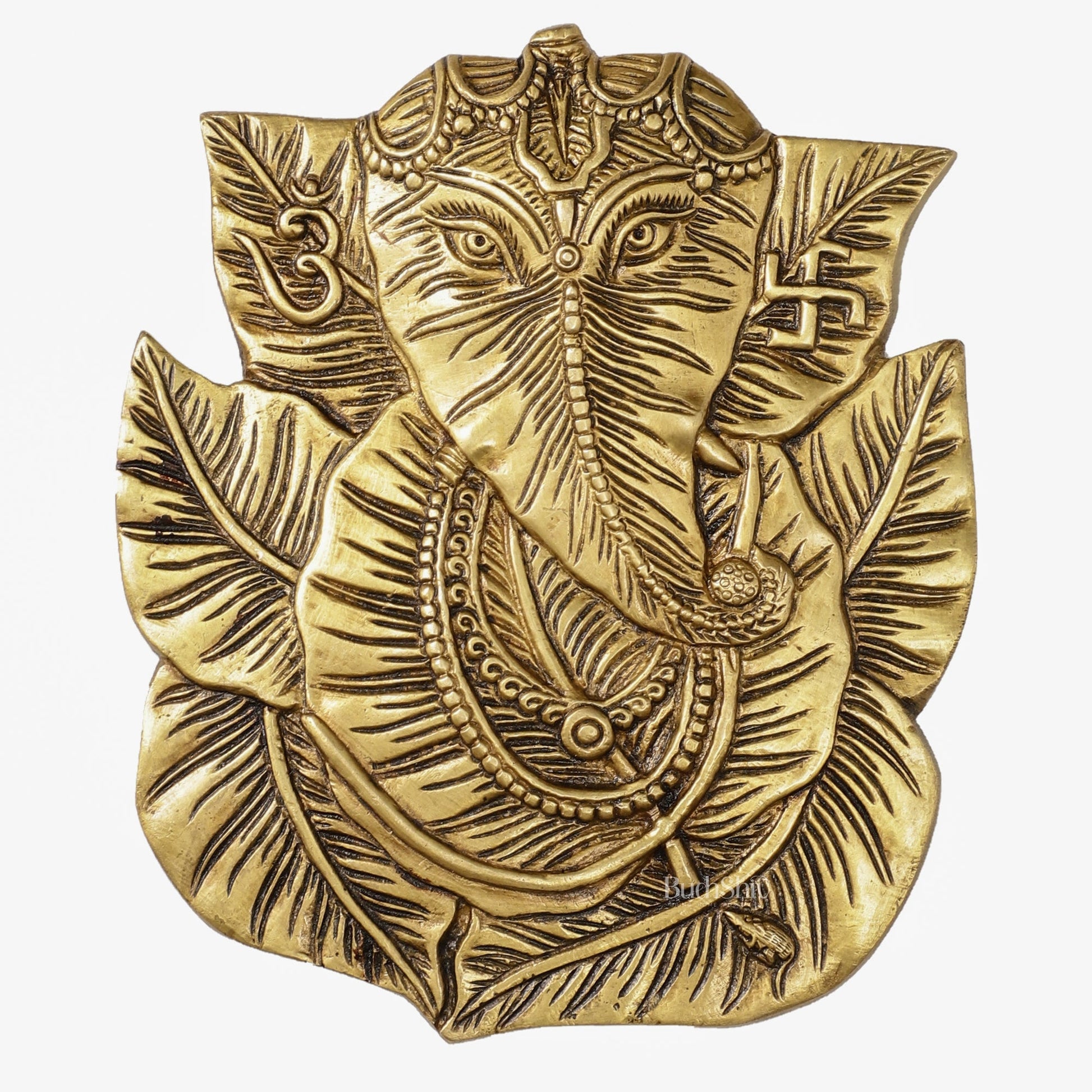 Brass Ganapathi on Peepal Leaf Wall Hanging - 8.5 inches