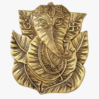 Brass Ganapathi on Peepal Leaf Wall Hanging - 8.5 inches