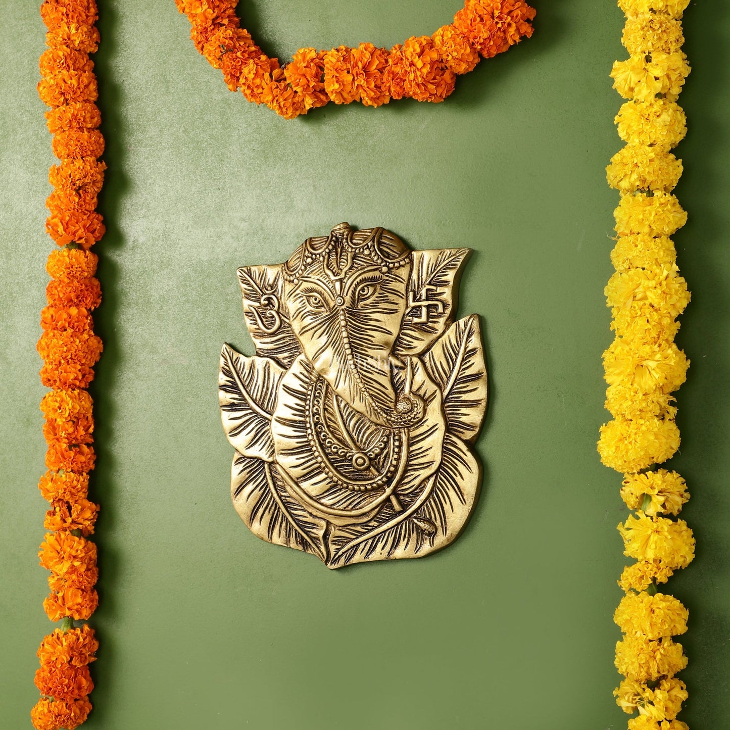 Brass Ganapathi on Peepal Leaf Wall Hanging - 8.5 inches