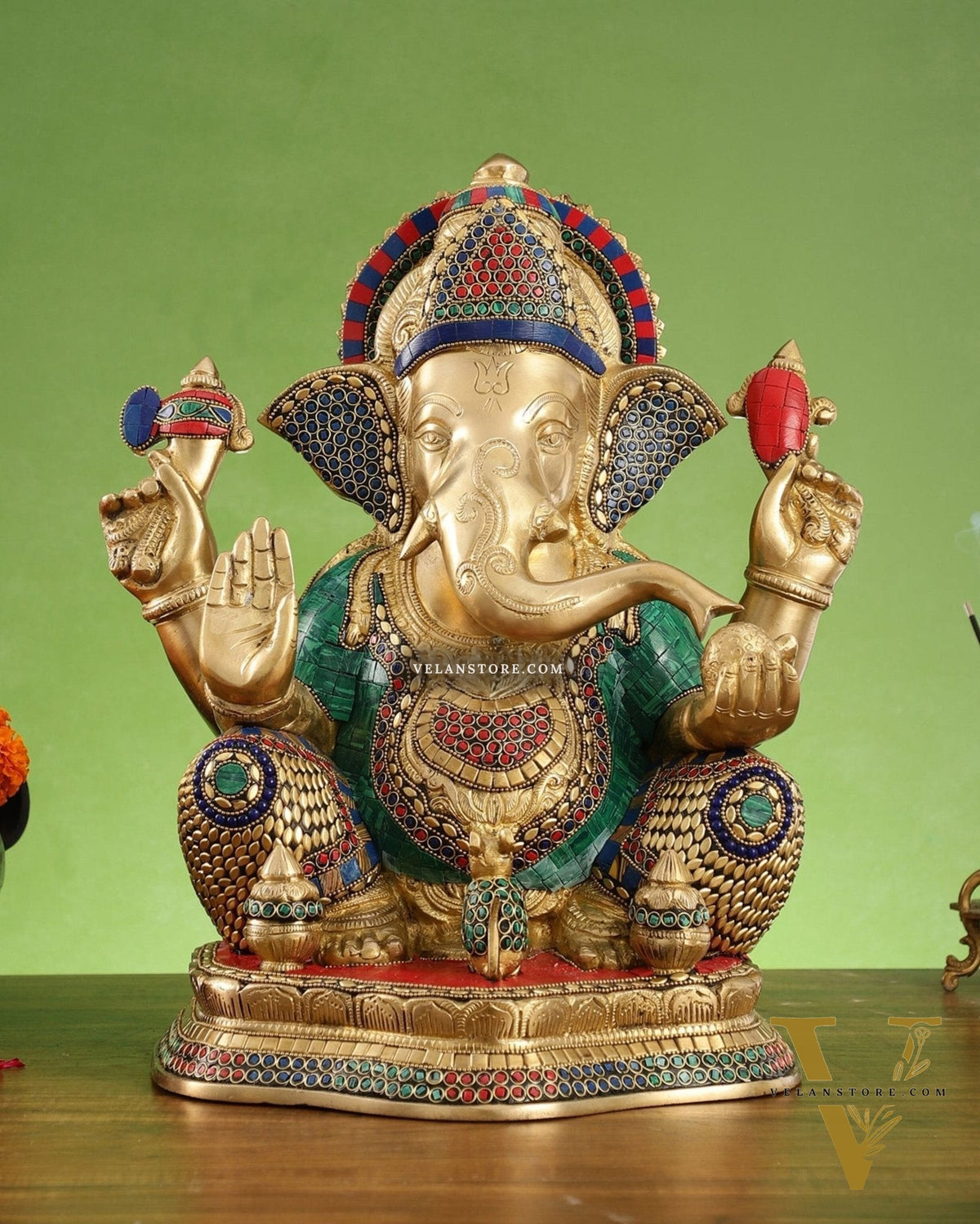 Brass Ganapathi Statue Seated with Mooshak and Kalash – 16 Inch