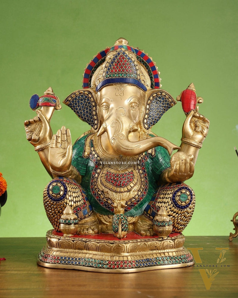 Brass Ganapathi Statue Seated with Mooshak and Kalash – 16 Inch