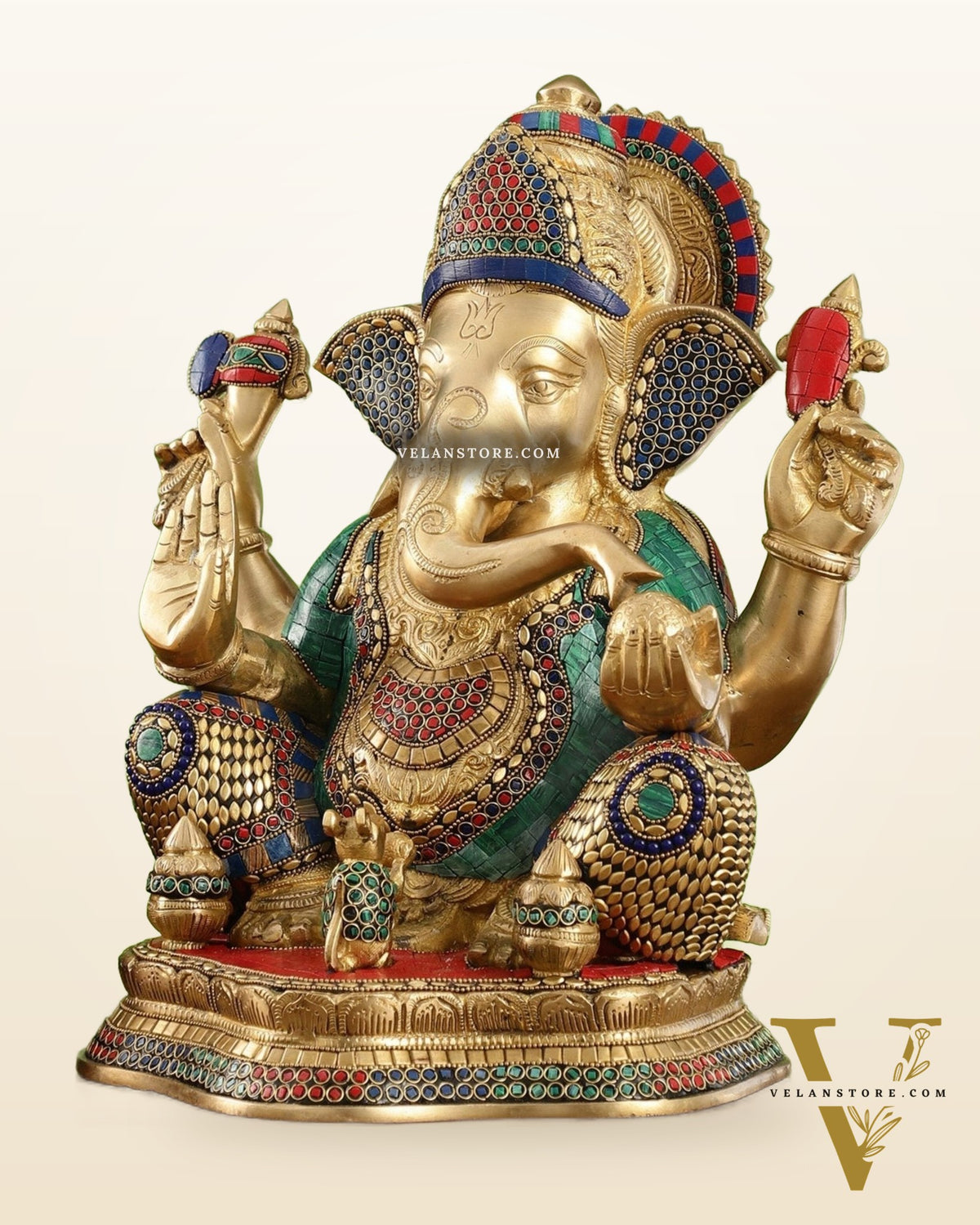 Brass Ganapathi Statue Seated with Mooshak and Kalash – 16 Inch