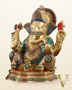 Brass Ganapathi Statue Seated with Mooshak and Kalash – 16 Inch