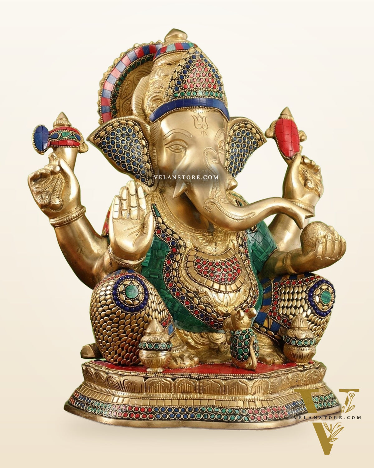 Brass Ganapathi Statue Seated with Mooshak and Kalash – 16 Inch
