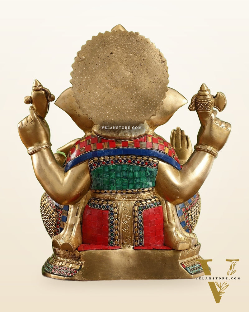 Brass Ganapathi Statue Seated with Mooshak and Kalash – 16 Inch