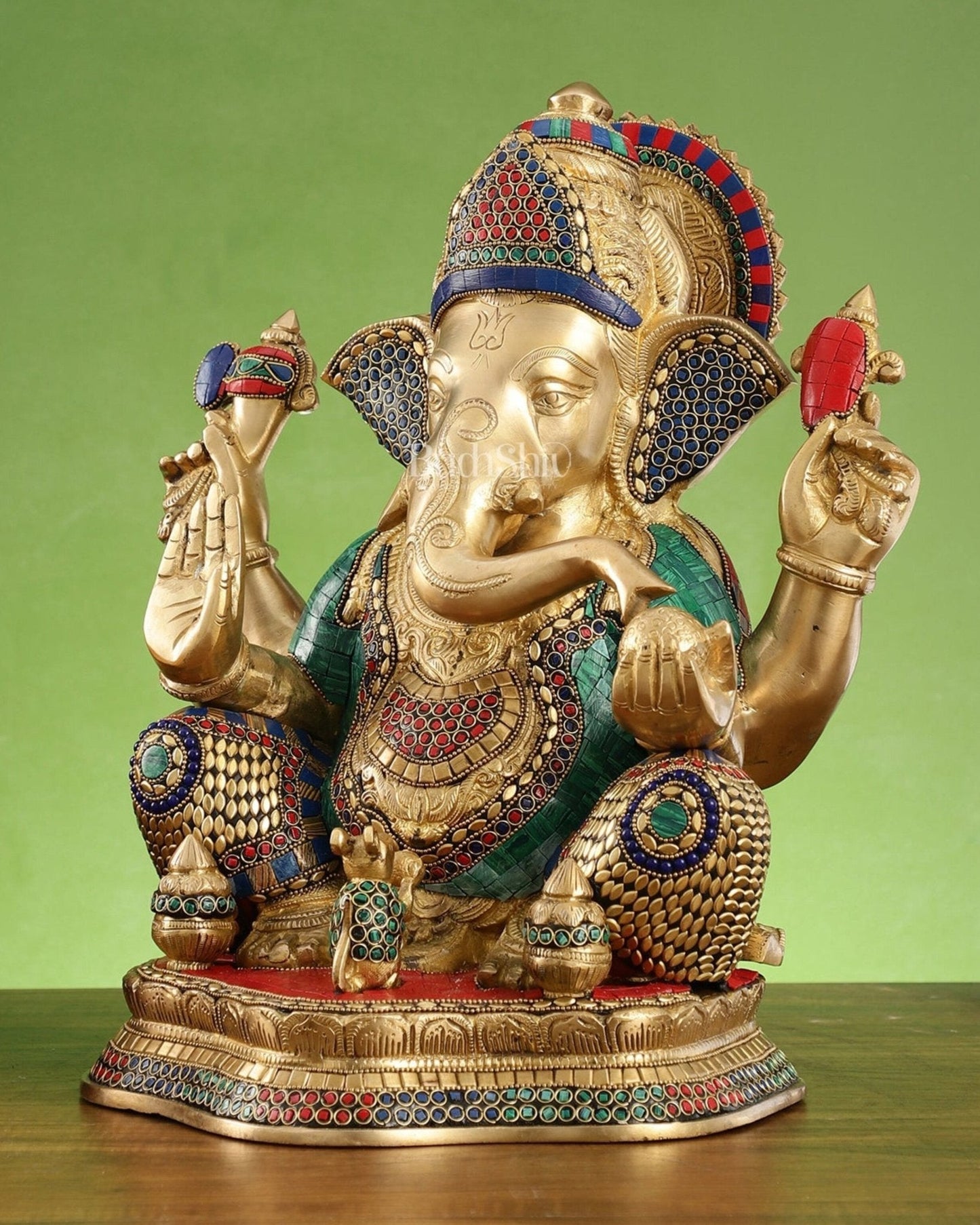 Brass Ganapathi Statue Seated with Mooshak and Kalash – 16 Inch