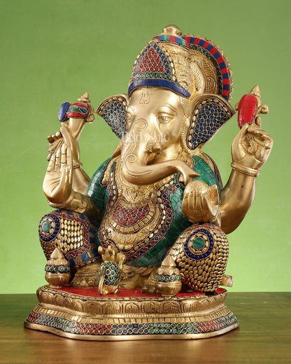 Brass Ganapathi Statue Seated with Mooshak and Kalash – 16 Inch