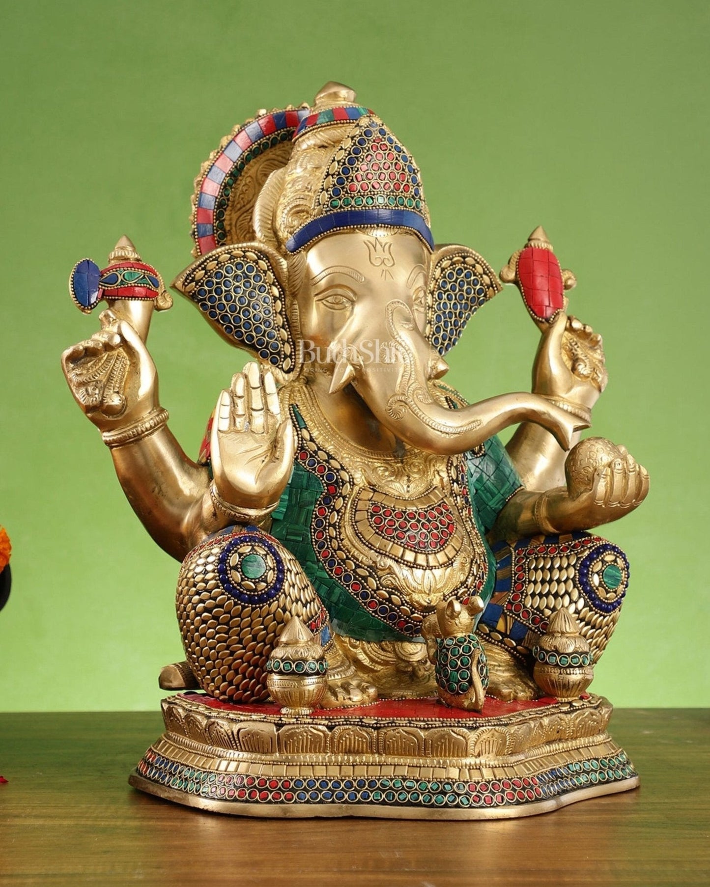 Brass Ganapathi Statue Seated with Mooshak and Kalash – 16 Inch