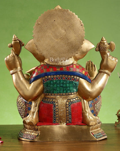 Brass Ganapathi Statue Seated with Mooshak and Kalash – 16 Inch