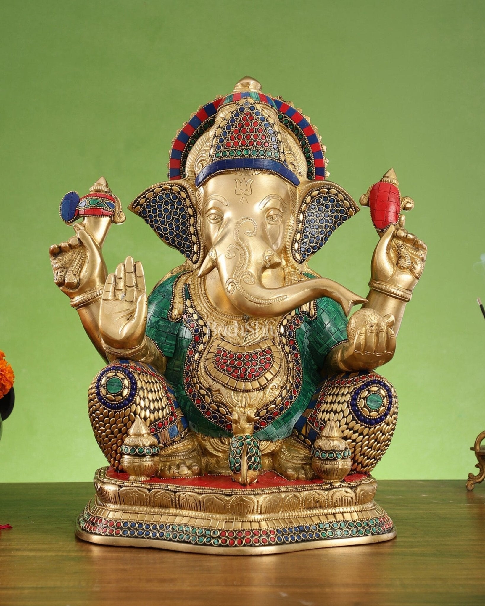 Brass Ganapathi Statue Seated with Mooshak and Kalash – 16 Inch