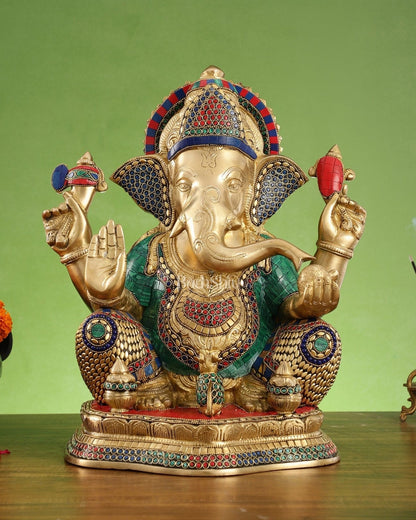 Brass Ganapathi Statue Seated with Mooshak and Kalash – 16 Inch