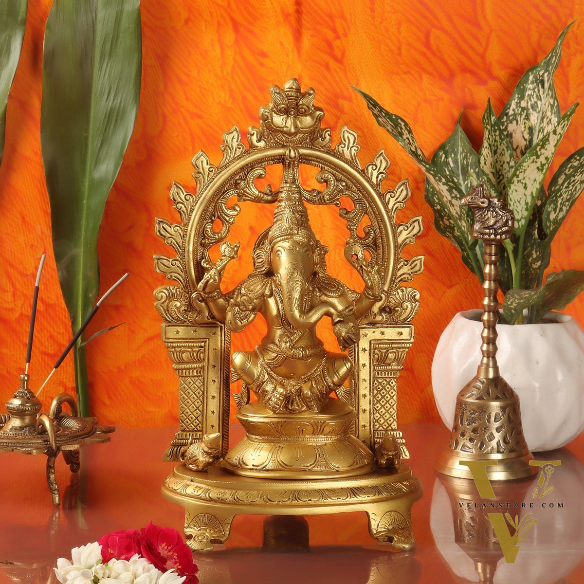 Brass Ganapathi Statue with Mouse 12 inch
