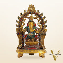 Brass Ganapathi Statue with Mouse 12 inch with stonework