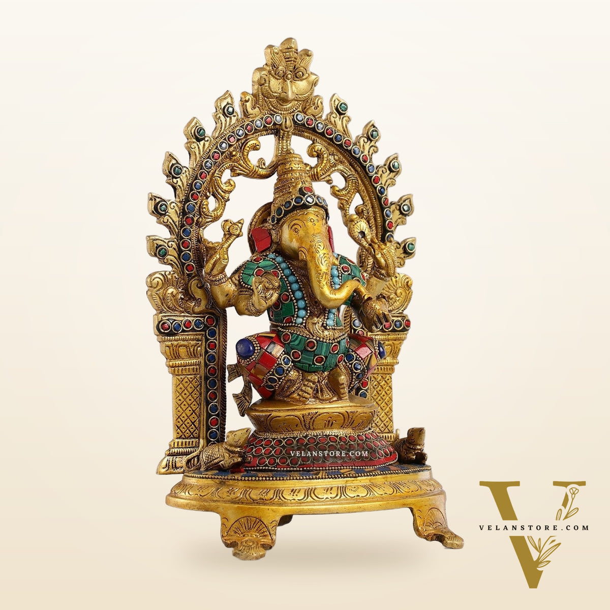 Brass Ganapathi Statue with Mouse 12 inch with stonework