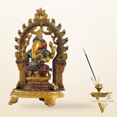Brass Ganapathi Statue with Mouse 12 inch with stonework