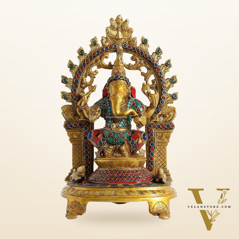 Brass Ganapathi Statue with Mouse 12 inch with stonework