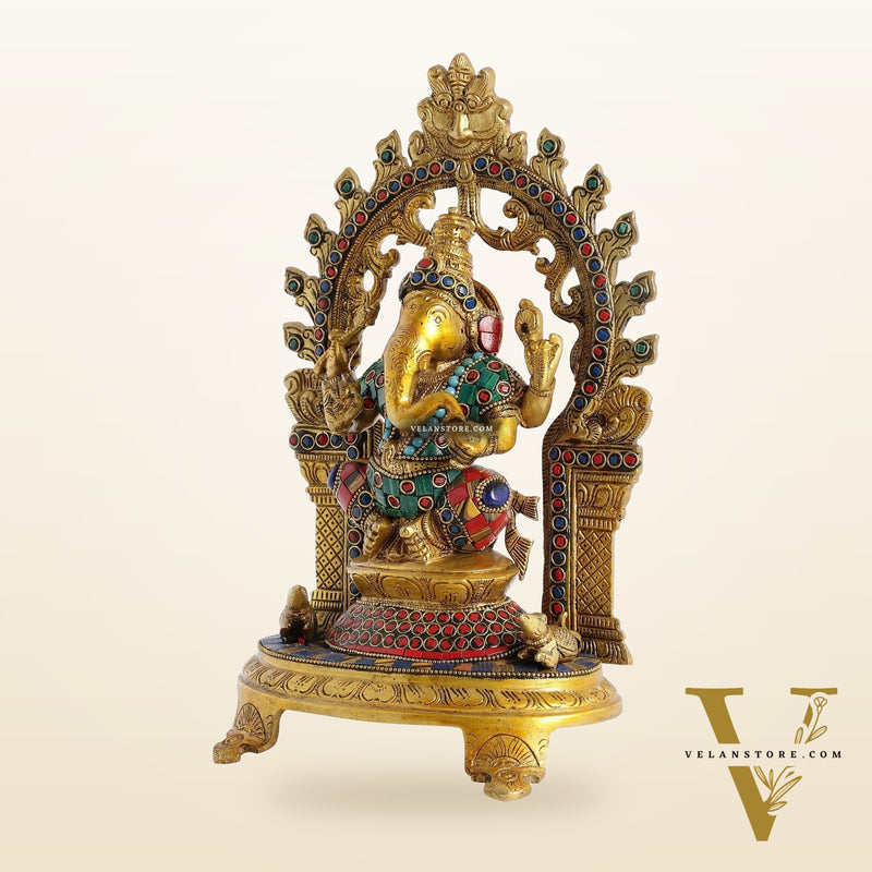 Brass Ganapathi Statue with Mouse 12 inch with stonework