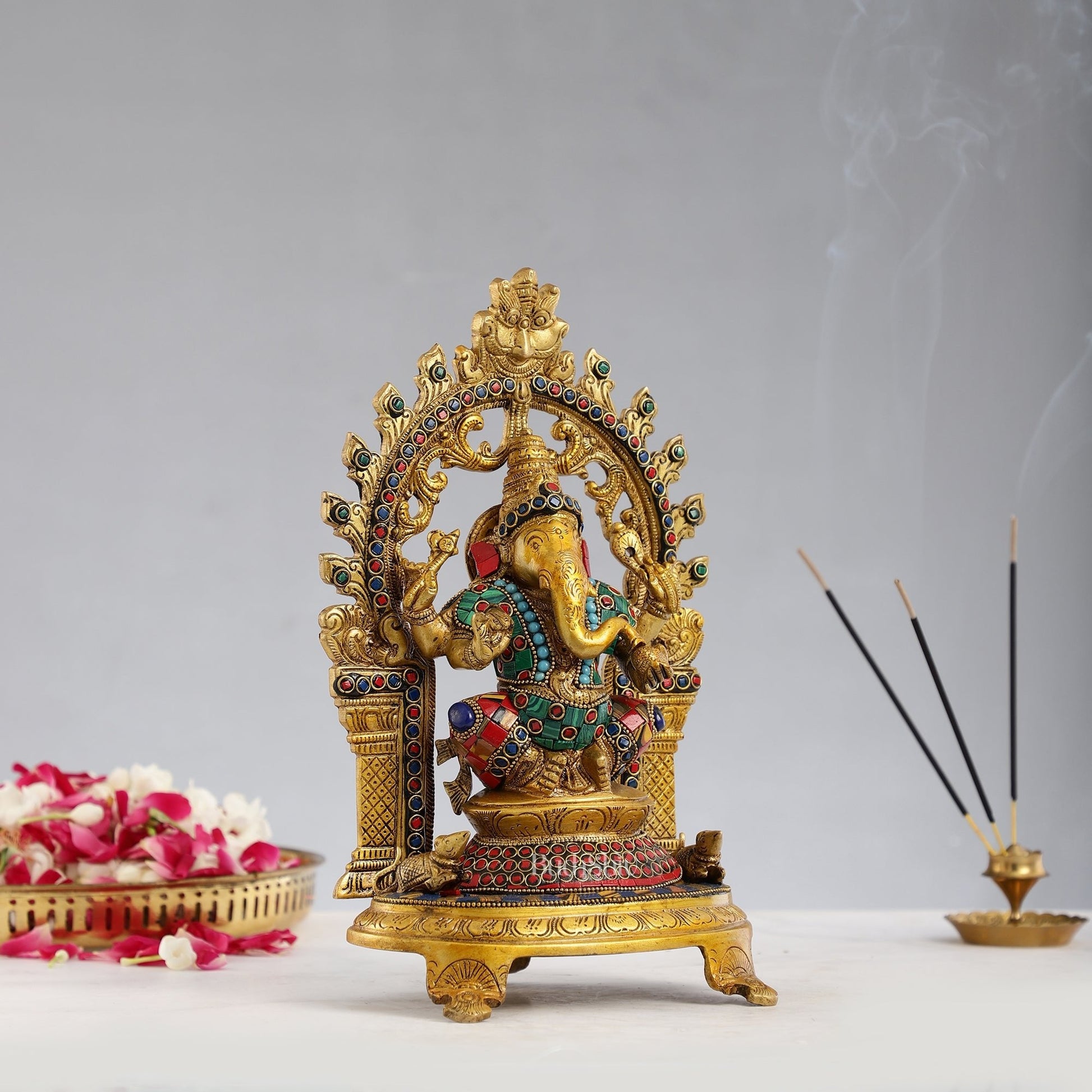 Brass Ganapathi Statue with Mouse 12 inch with stonework