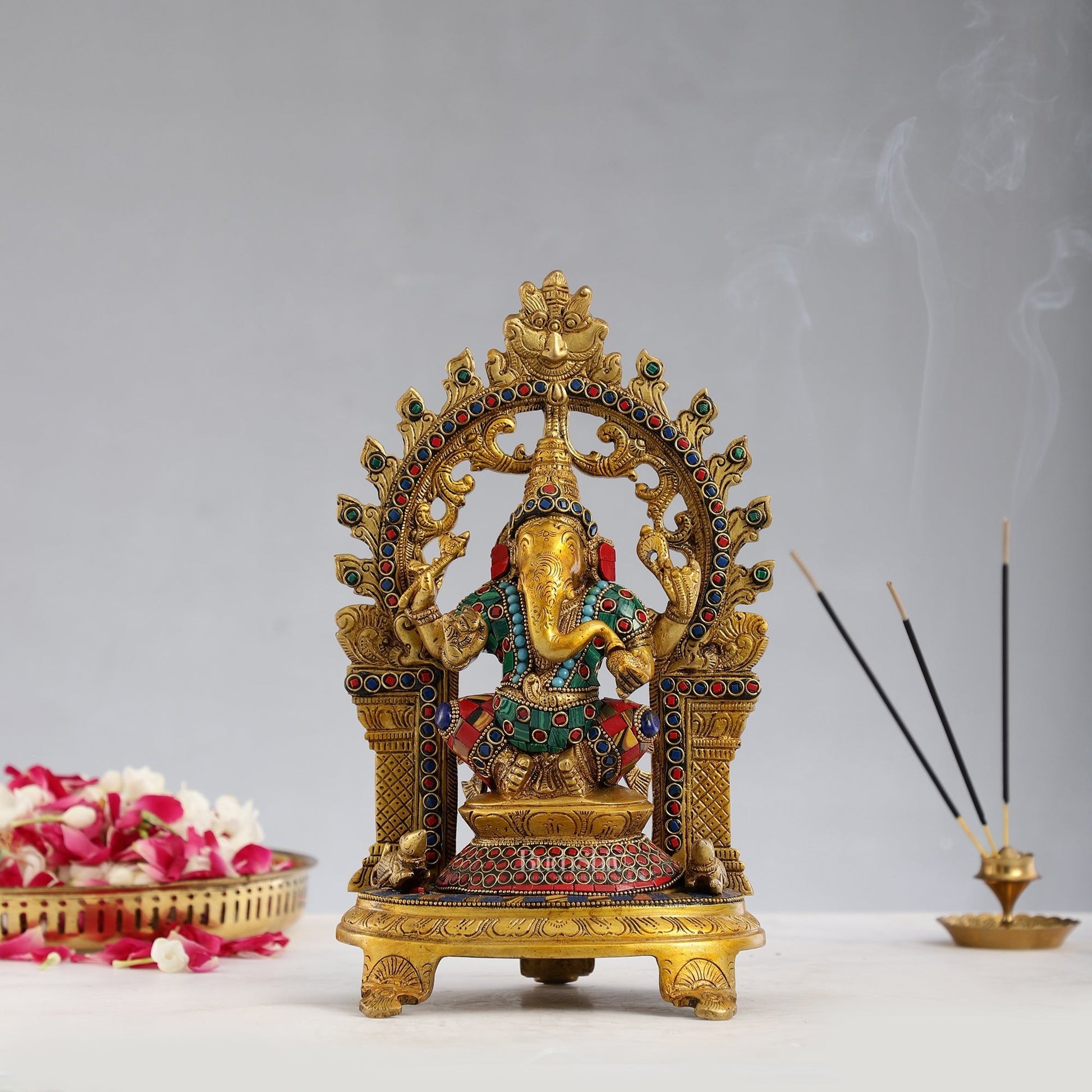 Brass Ganapathi Statue with Mouse 12 inch with stonework