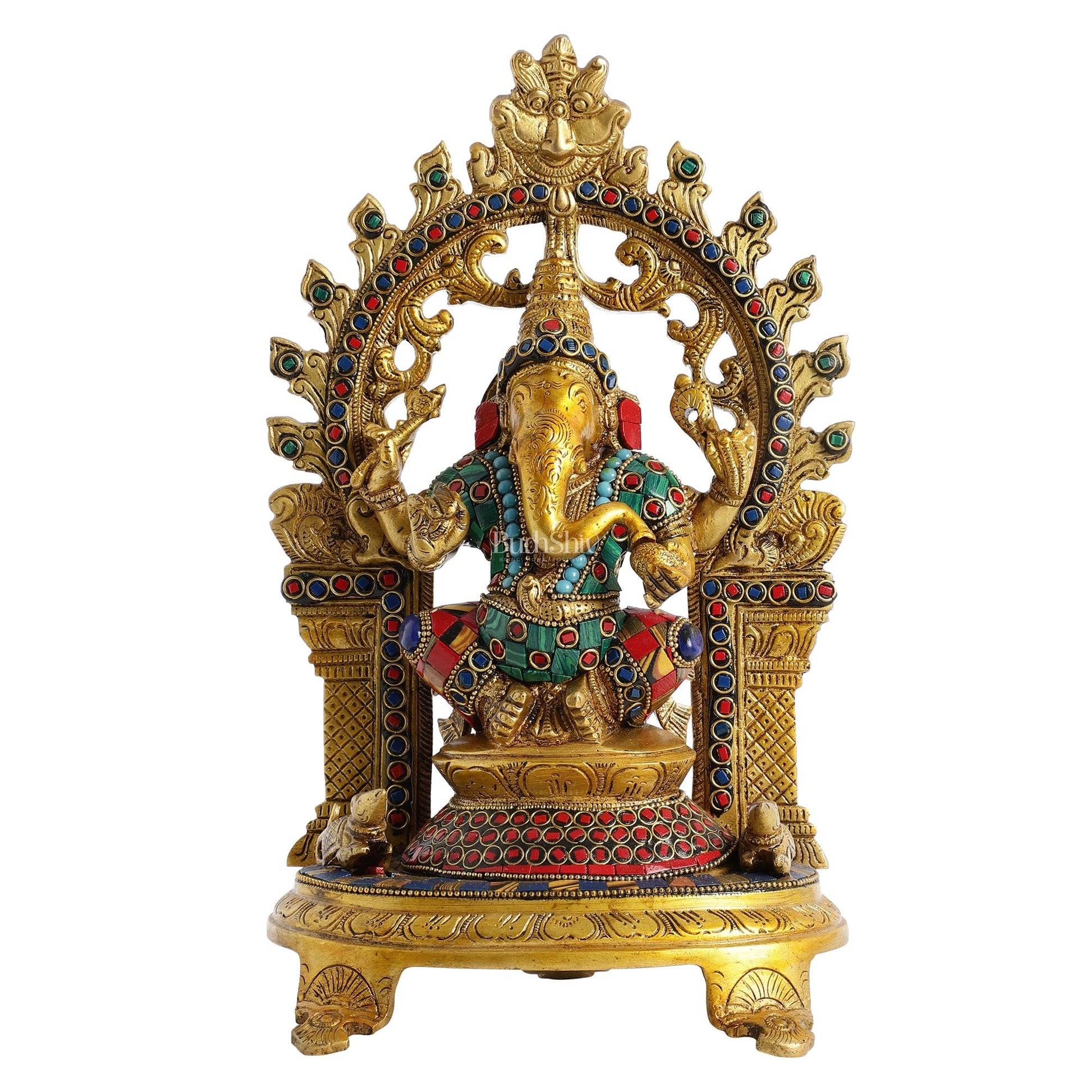 Brass Ganapathi Statue with Mouse 12 inch with stonework