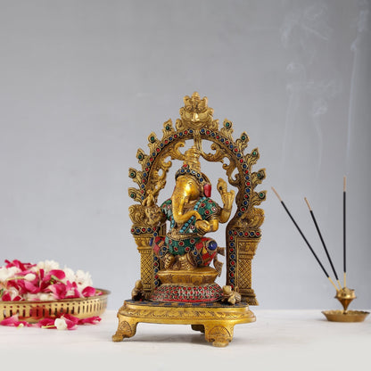 Brass Ganapathi Statue with Mouse 12 inch with stonework