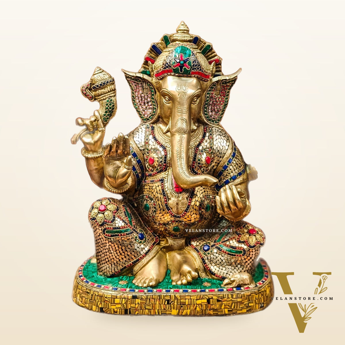 Brass Ganapathi Statue with stonework 22"