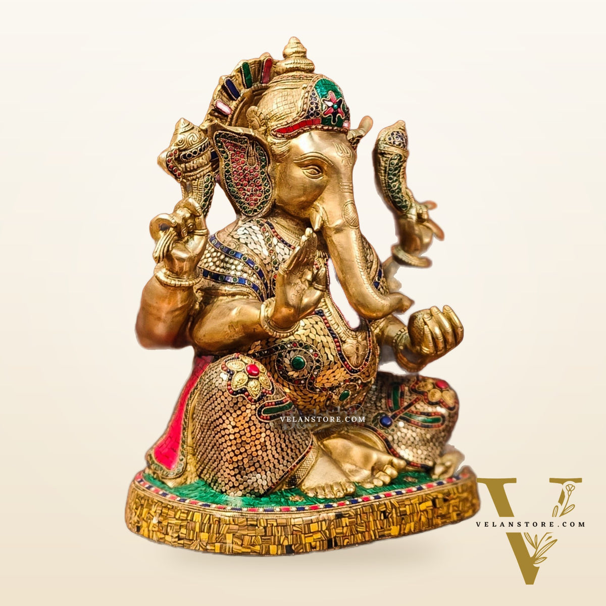 Brass Ganapathi Statue with stonework 22"