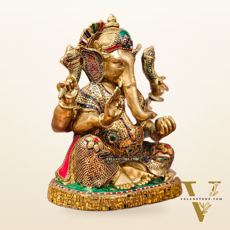 Brass Ganapathi Statue with stonework 22"