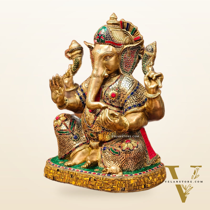 Brass Ganapathi Statue with stonework 22"