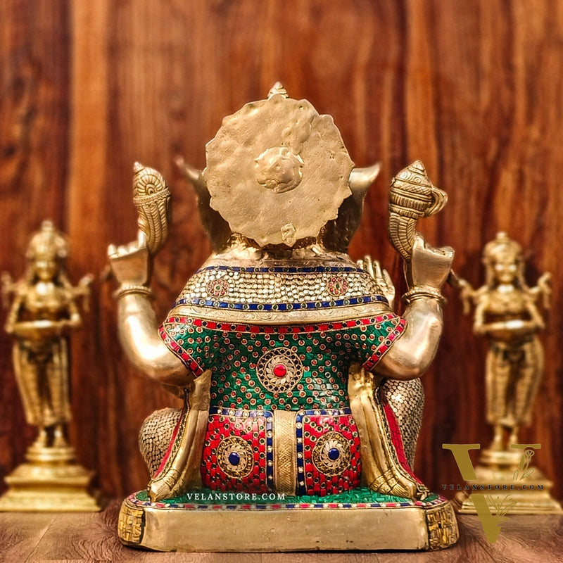 Brass Ganapathi Statue with stonework 22"