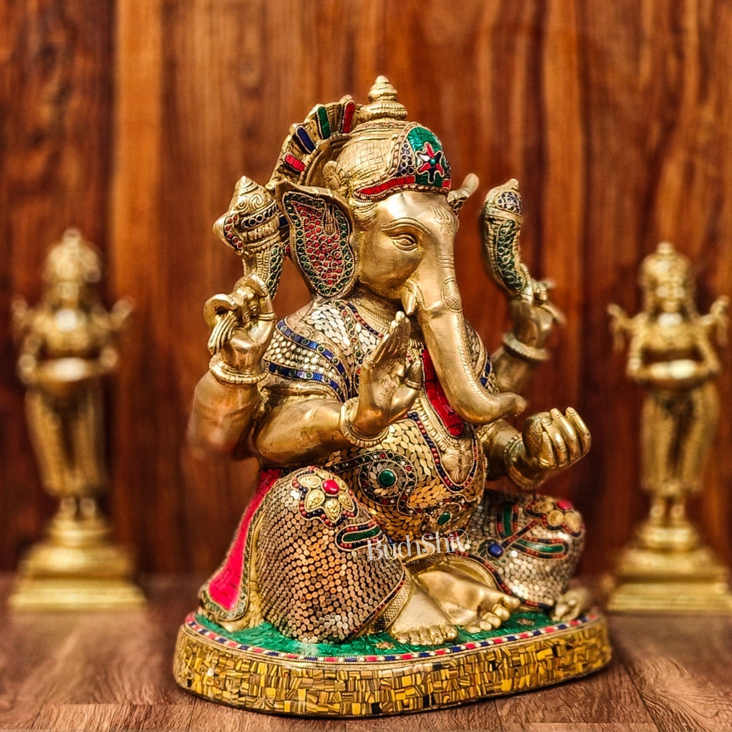 Brass Ganapathi Statue with stonework 22"