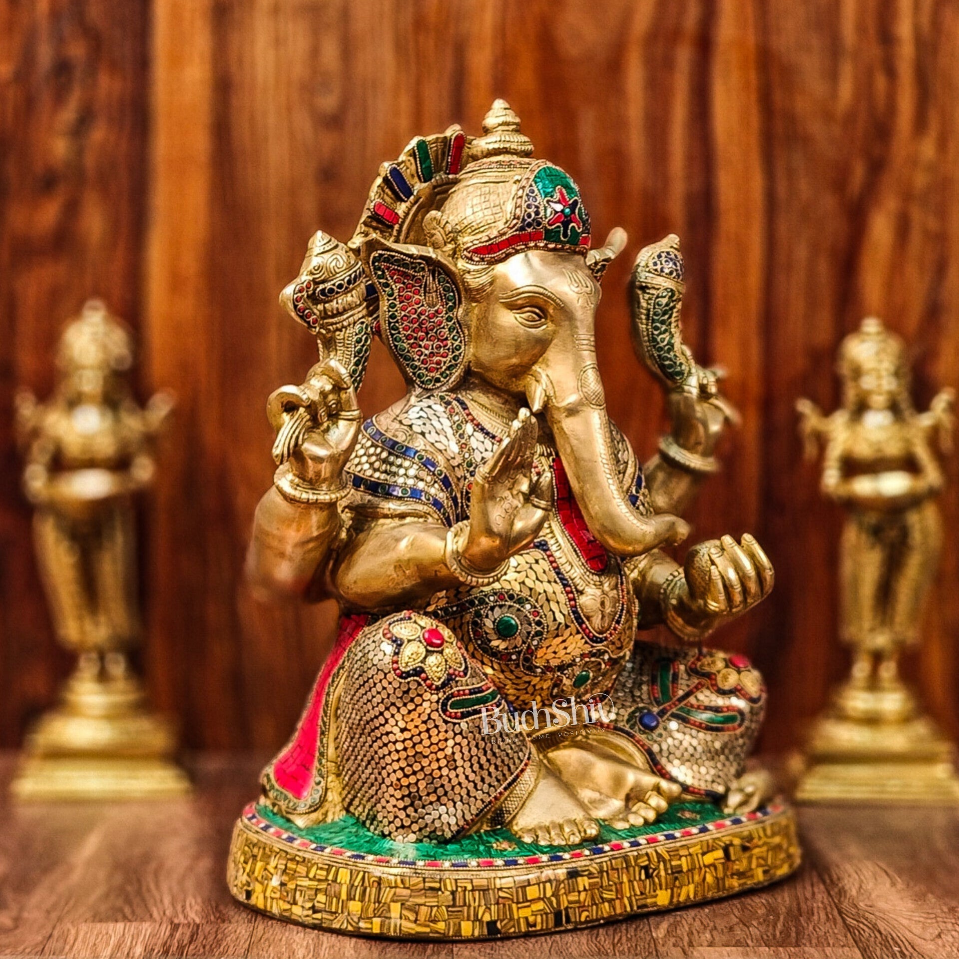 Brass Ganapathi Statue with stonework 22"
