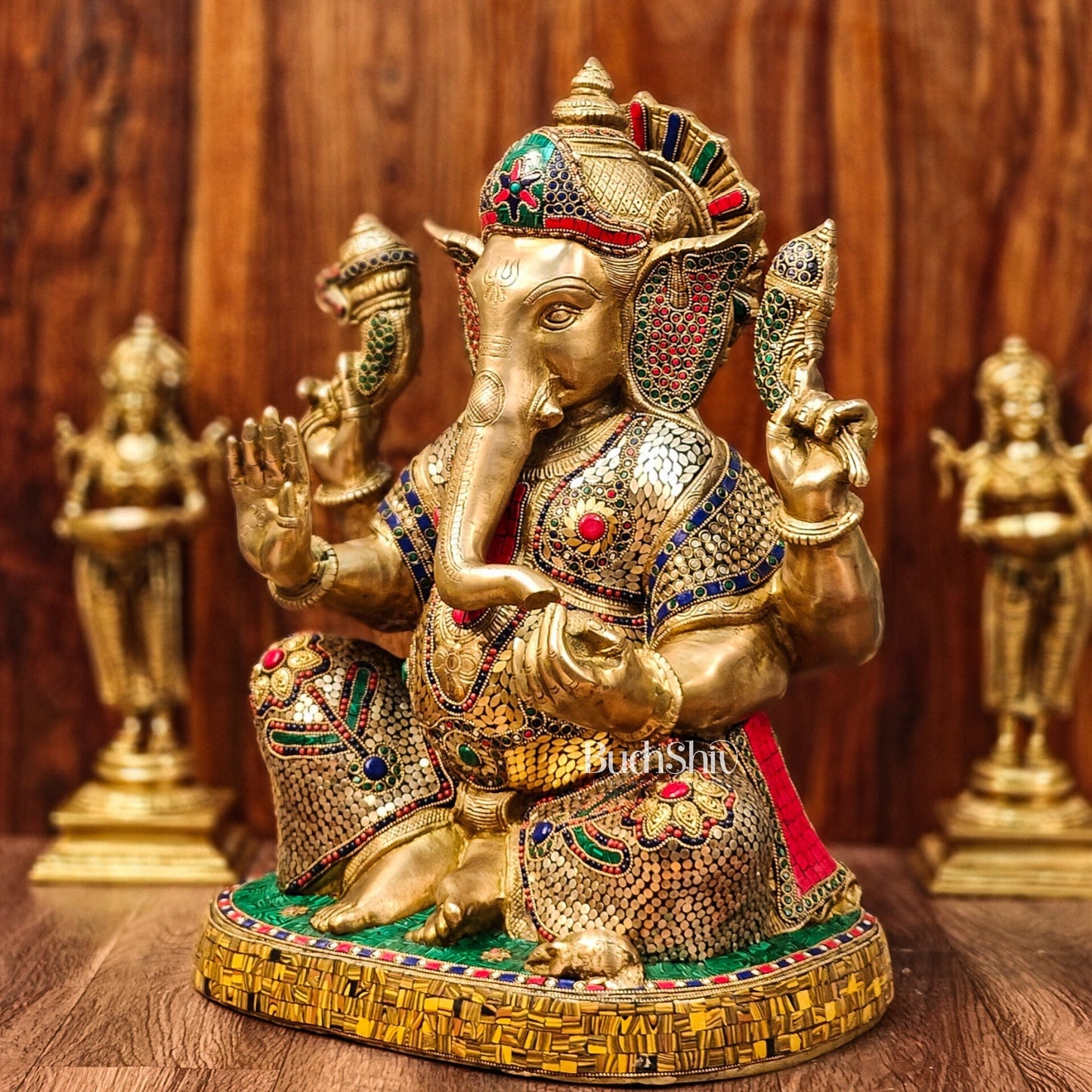 Brass Ganapathi Statue with stonework 22"