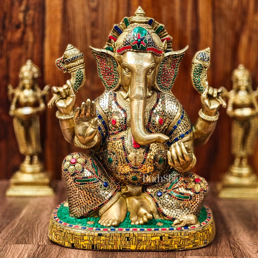 Brass Ganapathi Statue with stonework 22"