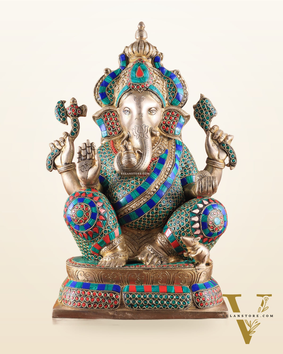 Brass Ganapati Idol Glossy – Handcrafted with Right-Side Trunk, 16" meenakari