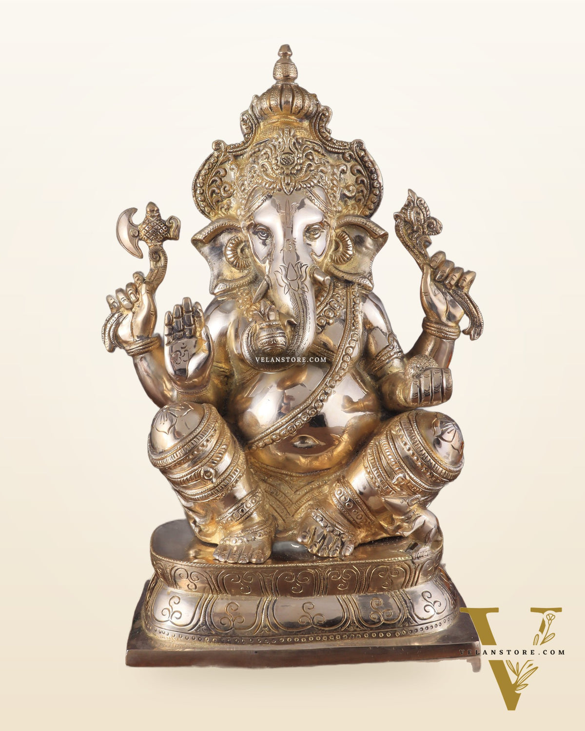 Brass Ganapati Idol Glossy – Handcrafted with Right-Side Trunk, 16" Height