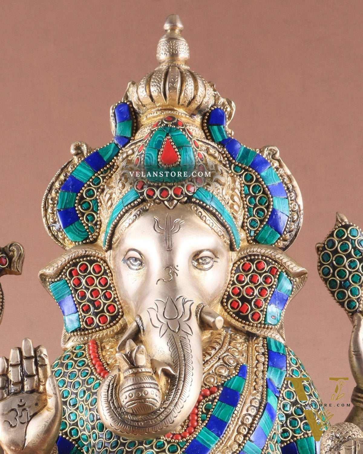 Brass Ganapati Idol Glossy – Handcrafted with Right-Side Trunk, 16" meenakari