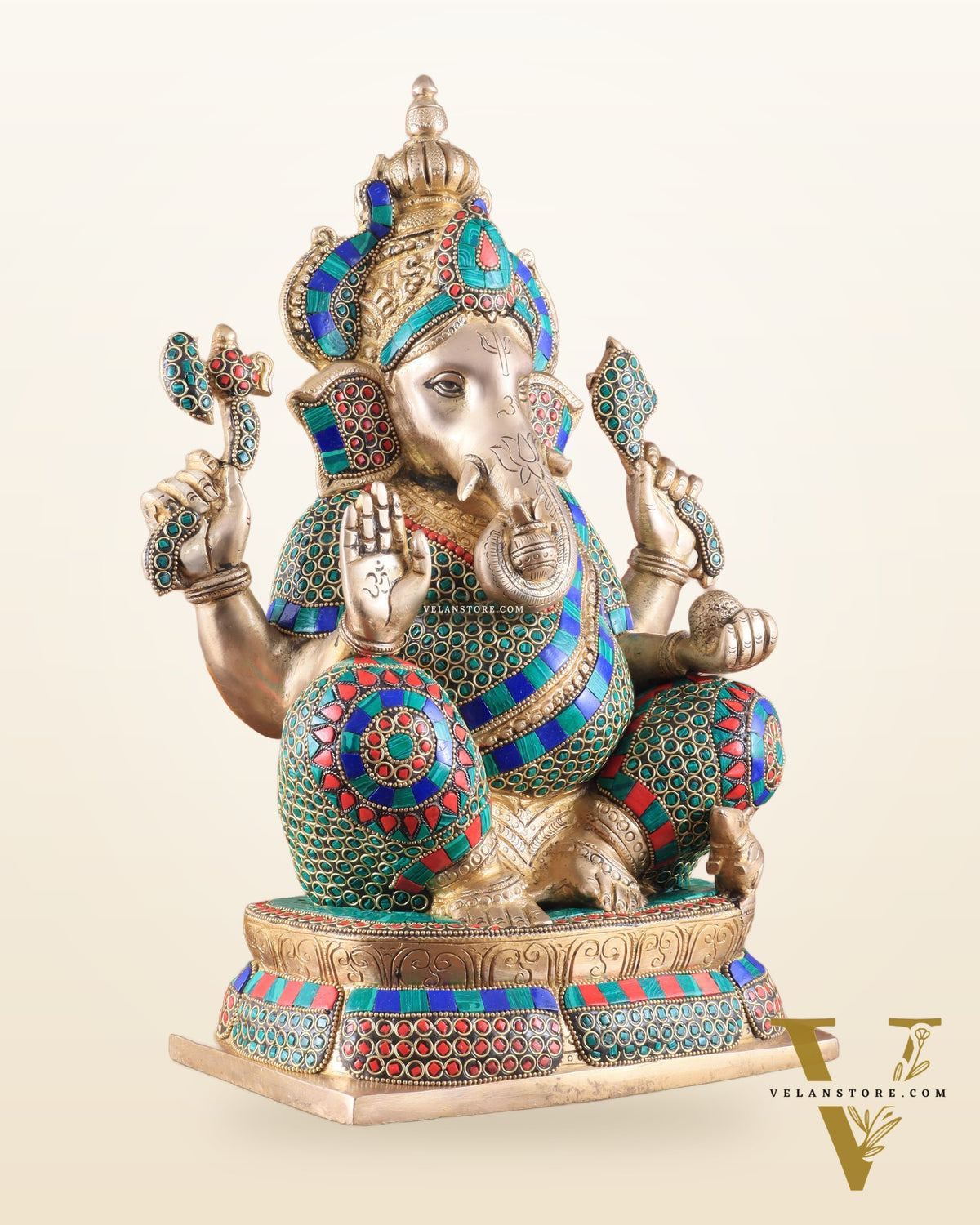 Brass Ganapati Idol Glossy – Handcrafted with Right-Side Trunk, 16" meenakari